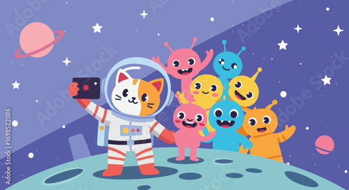Astronaut cat takes a selfie with aliens on a moon