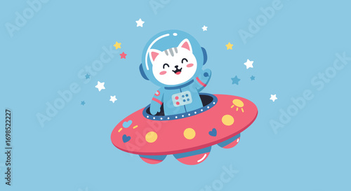Cute cat in astronaut suit in a UFO with stars