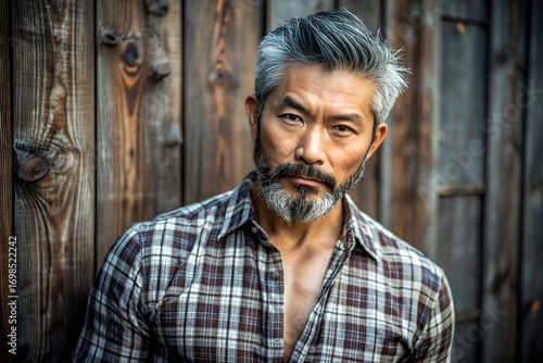 Middle-aged Asian man posing expressionlessly against wooden wall  
