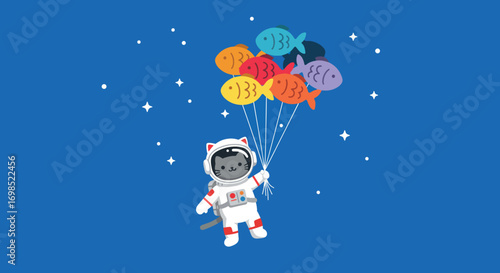 Astronaut cat holding fishshaped balloons in space