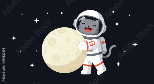 A cartoon cat in an astronaut suit hugs the moon in outer space
