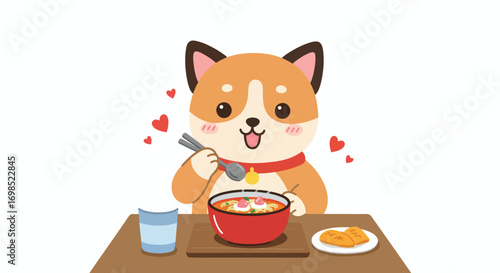 Cute dog enjoying a bowl of noodles with chopsticks and spoon