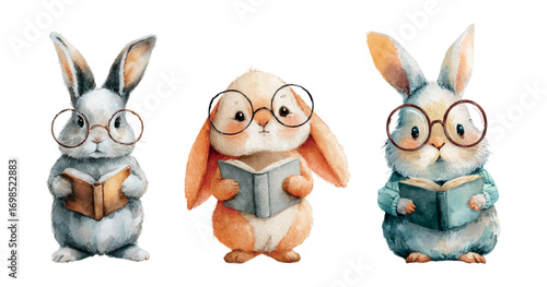 Set of cute little bunnies in glasses reading a book in watercolor. Watercolor baby bunnies in big round glasses reading a book. Cute children's characters for school, learning, etc.