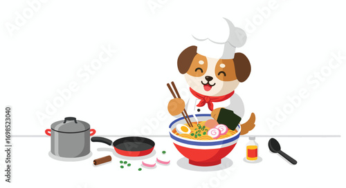 A dog chef in a chef hat prepares ramen