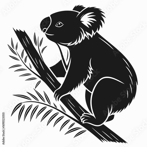 Black silhouette of a koala clinging to a tree branch with eucalyptus leaves
