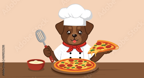 A cartoon dog chef holds a slice of pizza with a full pizza and a bowl of dip