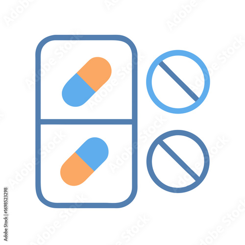 Vector illustration depicting medication blister pack with prohibition icons