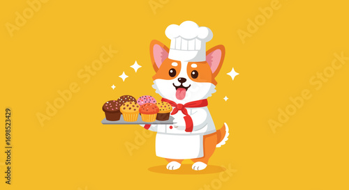 A corgi dressed as a chef holds a tray of muffins