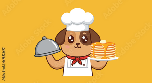 Cartoon chef dog holding a cloche and a plate of pancakes