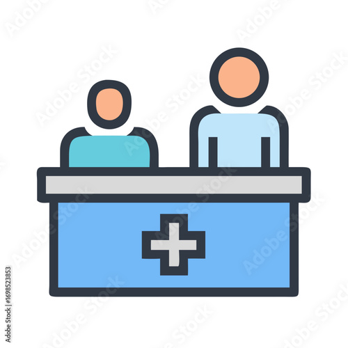 Medical office staff at reception desk in flat design