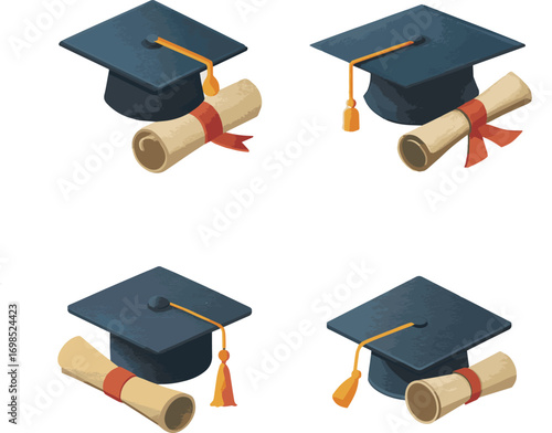 Four graduation caps and diplomas silhouette