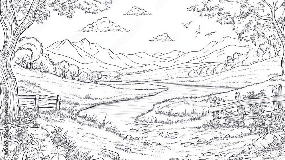 Naklejka premium Scenic countryside drawing