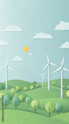Paper-cut style landscape of green hills with trees and wind turbines under a sunny, cloudy sky, symbolizing clean renewable energy and environmental sustainability.