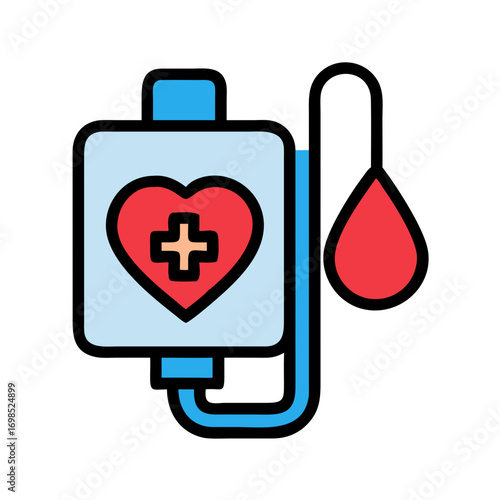Blood donation bag with heart symbol and blood drop