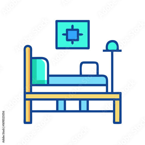 Stylized icon of hospital bed with lamp and painting