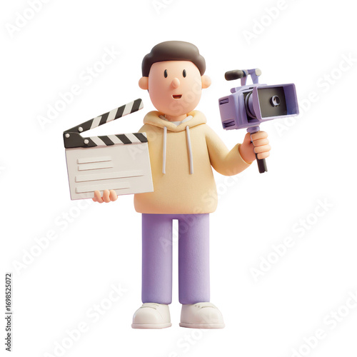 Creative Animator Holding Film Slate and Video Camera in Studio