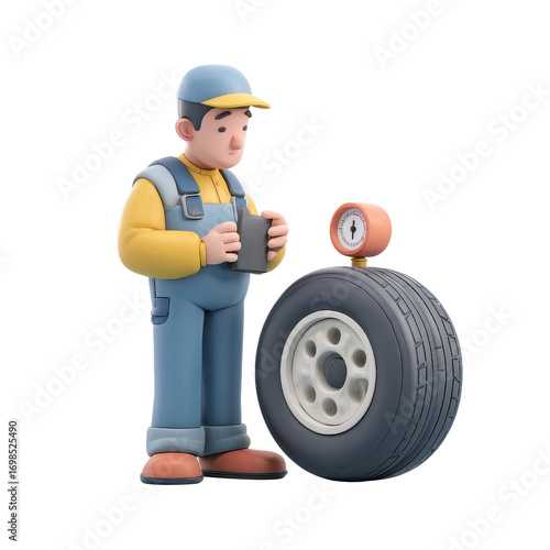 Mechanic Checking Tire Pressure with Gauge and Tire in Hand