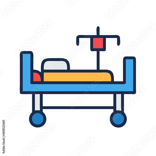 Blue wheeled hospital bed with adjustable IV stand illustration