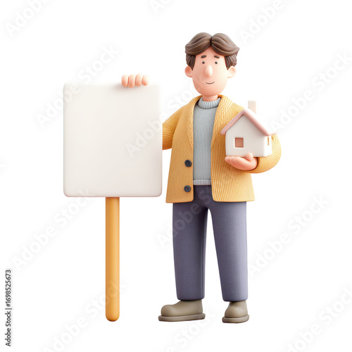 Cartoon character holding blank sign and miniature house model