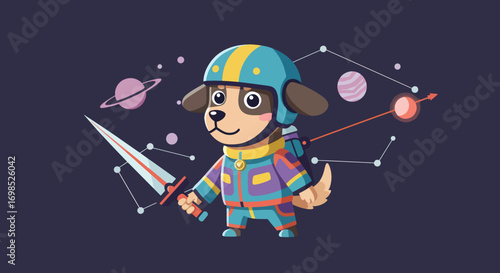 Cartoon dog astronaut in colorful space suit holding a sword