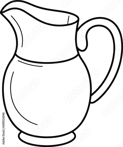 Black and white pitcher outline vector illustration, kitchen jug drawing design, simple ceramic container sketch, household utensil graphic isolated on white background