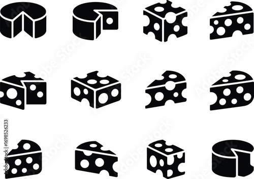  Cheese icon vector illustration, dairy food symbols, flat silhouette design, cheese slice, cheese block, cheese wheel, gourmet snack, restaurant menu graphic, isolated set