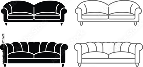  Classic sofa furniture vector illustration set, black and outline couch design collection, vintage living room decor, elegant seating icons, interior design elements