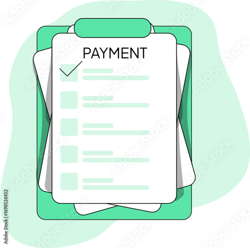 Flat design green clipboard holding a white document with PAYMENT text checkmark and list items.