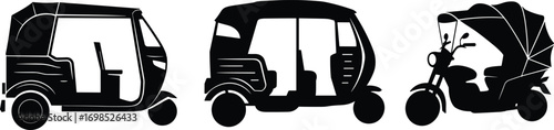  Collection of auto rickshaw silhouettes vector illustration, traditional tuk tuk designs, three wheeler taxi icons, vintage transport vehicle shapes isolated on white background