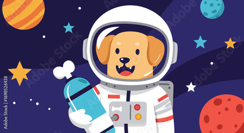 A cartoon dog in an astronaut suit holds a blue oxygen tank in space