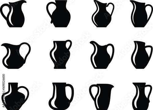 Collection of black jug silhouettes vector illustration, various pitcher shapes, ceramic vase and kitchen utensil icons, household container design isolated on white background