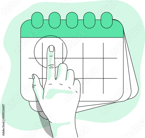 Hand pointing to a date on a minimalist calendar illustration.