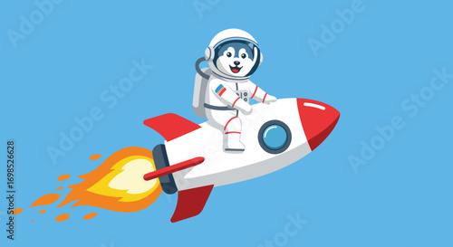A cartoon husky astronaut rides a rocket through a blue sky