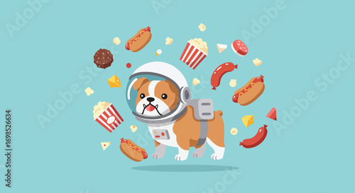 Bulldog astronaut surrounded by floating snacks