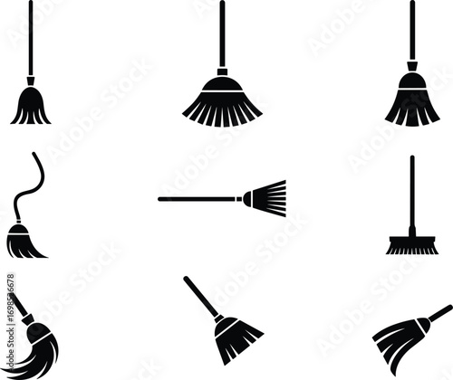  Collection of broom silhouettes for cleaning, household, sweeping, hygiene, domestic chores, vector icons for janitorial, sanitation, housekeeping, cleanliness, tools, maintenance, services