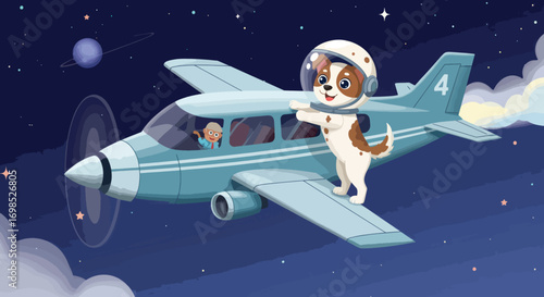 A dog in an astronaut suit stands on an airplane wing in space