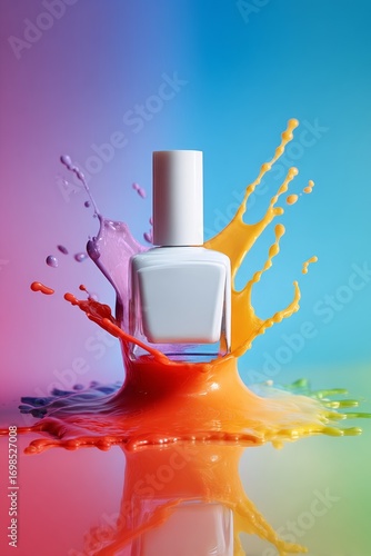 white nail polish bottle on abstract colorful nail polish splash, mockup, mock up