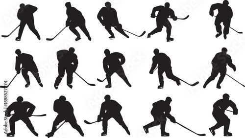 Collection of hockey player action poses silhouette