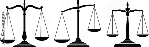  Collection of justice balance scale vector illustrations, black silhouette weighing symbols, law and fairness icons, equality concept design, classic legal judgment representation