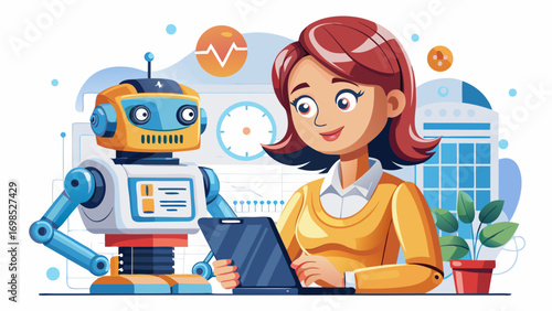 Close-up portrait of female home robotics designer programming a helper robot. White background highlights intelligence, care, and future lifestyle.