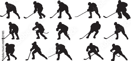 Collection of hockey player silhouettes in various action poses silhouette