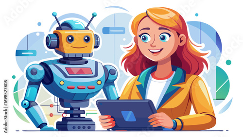 Close-up portrait of female home robotics designer programming a helper robot. White background highlights intelligence, care, and future lifestyle.