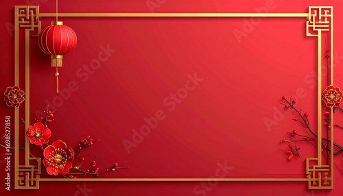 Elegant Chinese New Year background with solid red backdrop and thin golden rectangular frame with decorative corners. Large empty space in the center for copy, clean and modern festive design.
