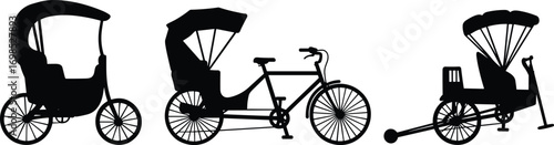 Collection of traditional rickshaw silhouettes vector illustration, cycle rickshaw, pulled cart, passenger transport vehicle icons, vintage urban transportation design isolated on white background
