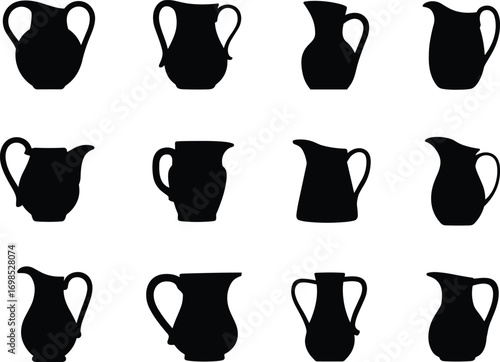Collection of vintage pitcher silhouettes vector illustration, classic jug icons, ceramic pot shapes, decorative kitchen container designs isolated on white background for graphic use