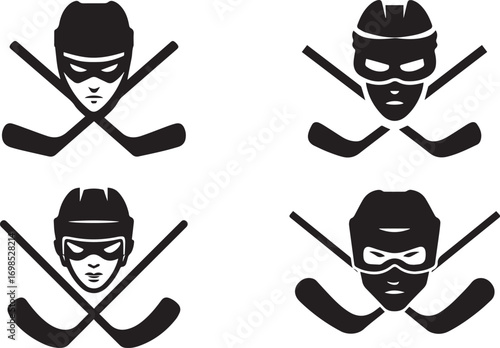 Four hockey player faces with crossed sticks silhouette