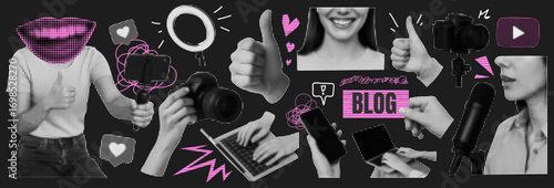 Vibrant Collage Kit for Blog and SMM with Social Media Elements. Features a Hand with Hand Lips and Smile for a Blogger with Camera. Includes Isolated Dadaism PopArt and Phone Mockups.
