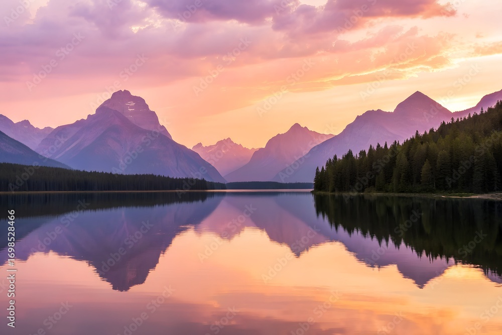 Obraz premium Serene Sunset over Mountain Lake Reflection