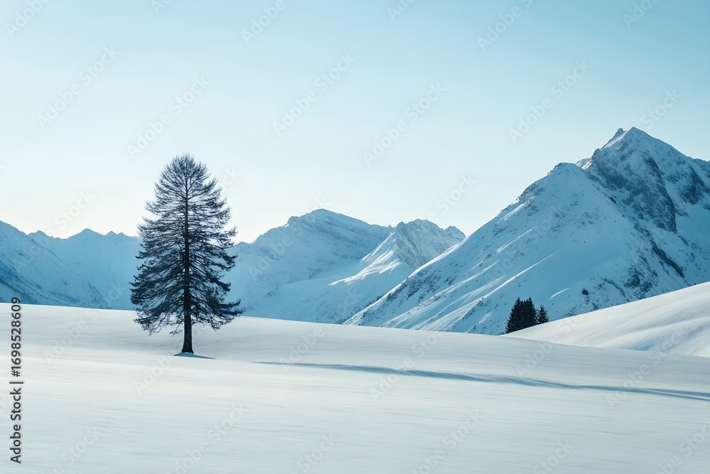 Obraz premium Solitary Conifer Tree in Snowy Mountain Landscape