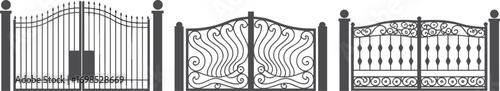  Collection of wrought iron gate vector illustrations, decorative fence designs, ornamental metal gates, classic entrance architecture, black silhouette security gate set
